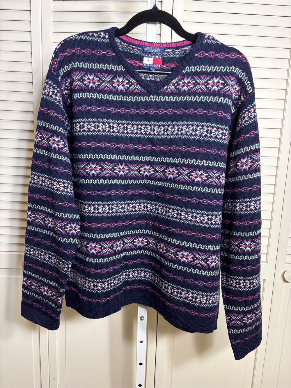 Vintage Tommy Hilfiger Wool Navy Fair Isle Sweater Pink & White Accents XL